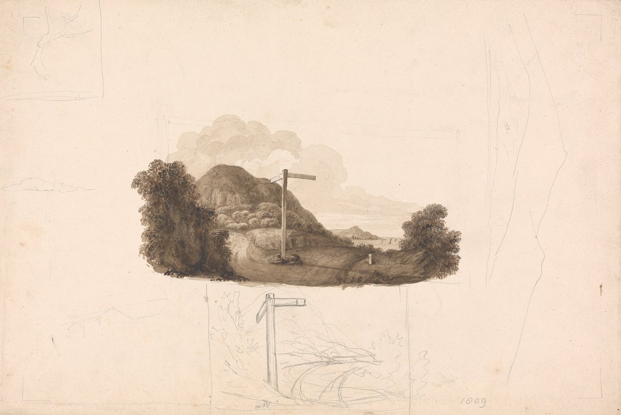 Skisse laget for en vignett av Mr. Ed Hall's History of Caernarvonshire, som aldri ble publisert av Isaac Weld