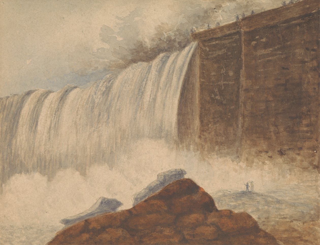 Utsikt over Niagara Falls med to figurer på stein i høyre forgrunn av Isaac Weld