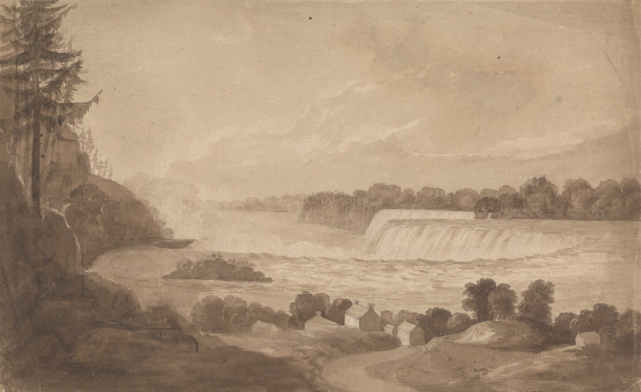 Utsikt over Niagarafallene med fossen i bakgrunnen, til høyre og landskapet med hus i forgrunnen av Isaac Weld