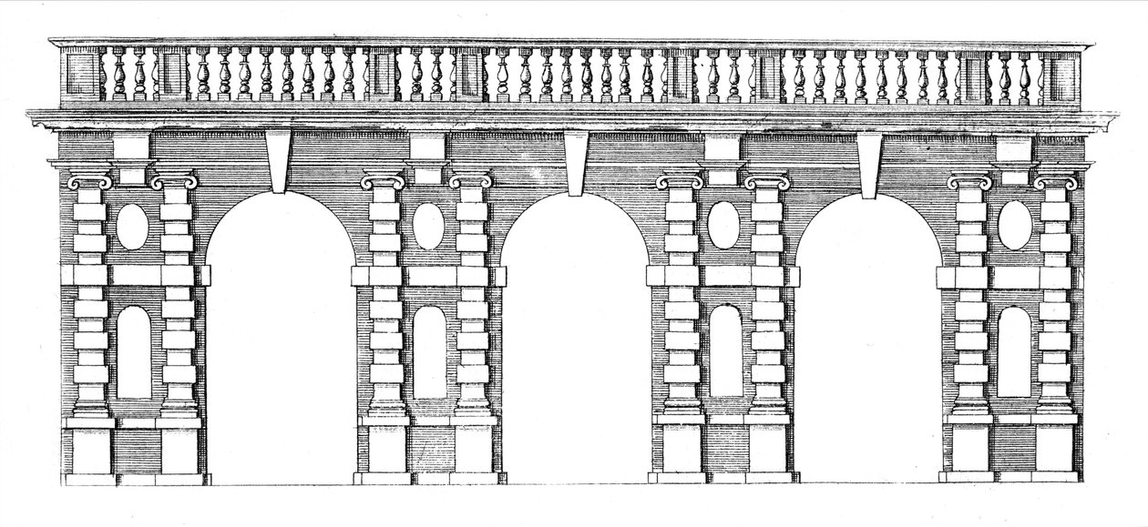 Design for en arkade med balustradetopp fra The Gardens of Wilton, ca. 1645 av Isaac de Caus