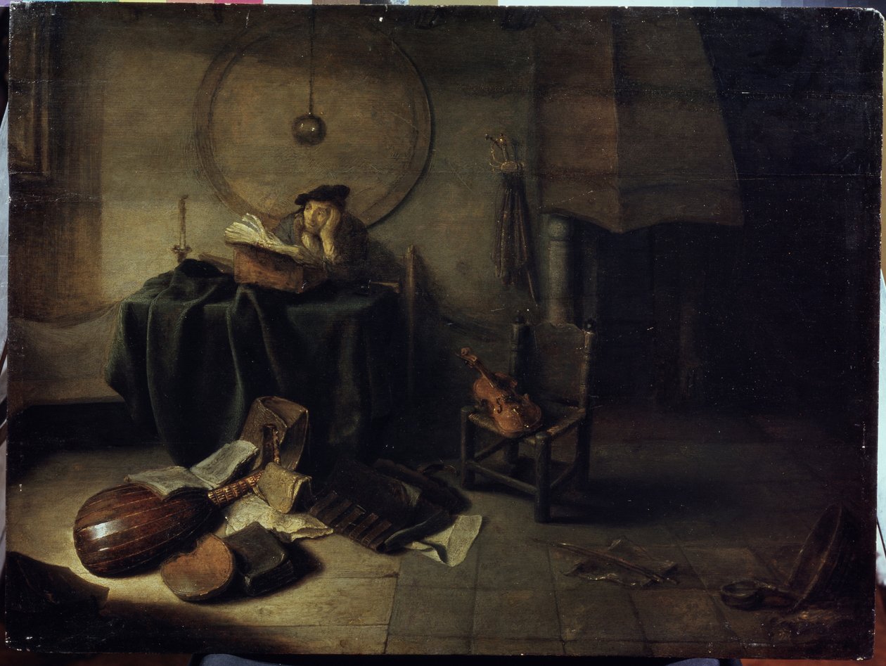 ""Melancholy II"" (Melancholy II (Vitenskapsmann i studioet hans)) En mann som studerer musikk, ettertenksomt uttrykk. Maleri av Isaac de Jouderville (1613-1648) Serpoukhov, Statens museum for historie og kunst av Isaac de Jouderville