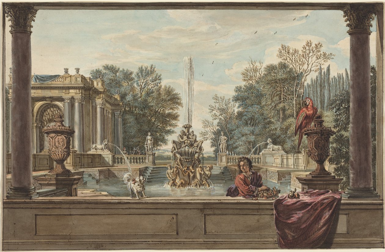 En italiensk hage med en papegøye, en puddel og en mann av Isaac de Moucheron
