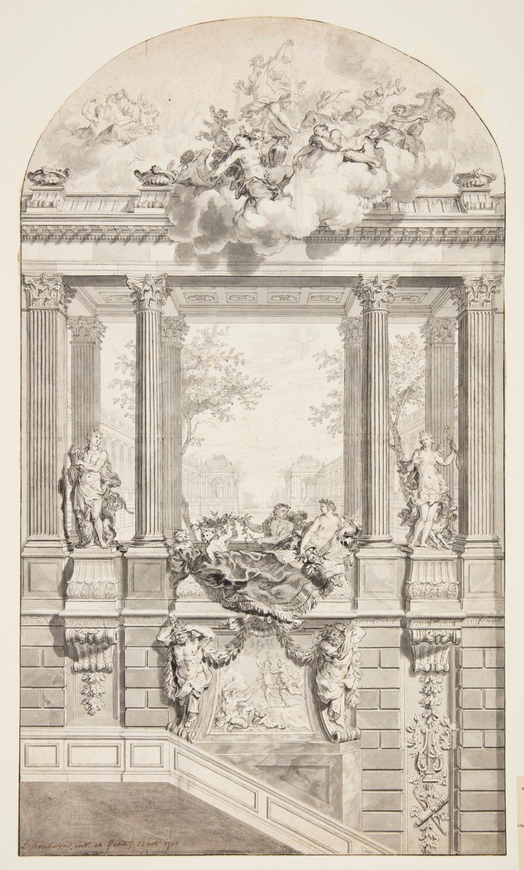 Design for Staircase, Voorst Castle, Haag, Nederland av Isaac de Moucheron