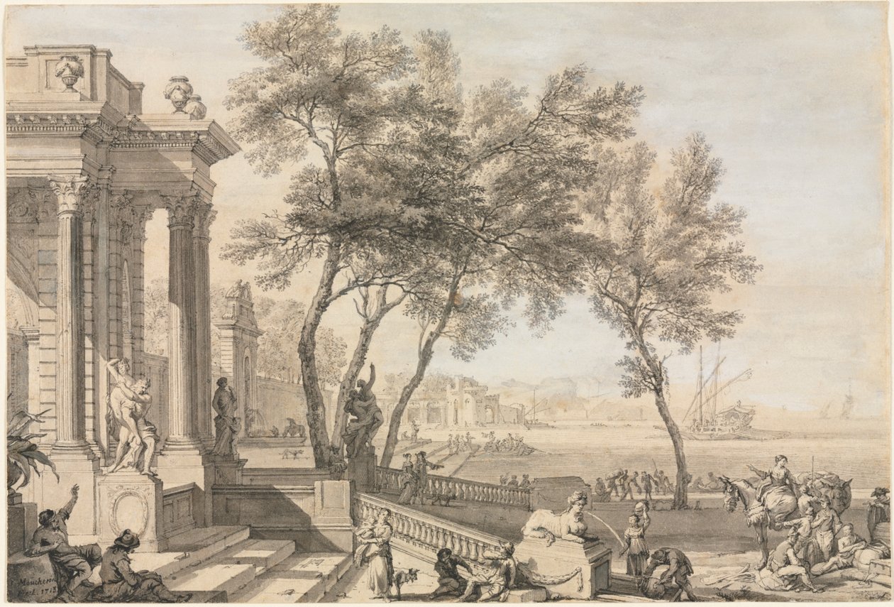 Fantastisk havnescene med arkitektur og figurer av Isaac de Moucheron