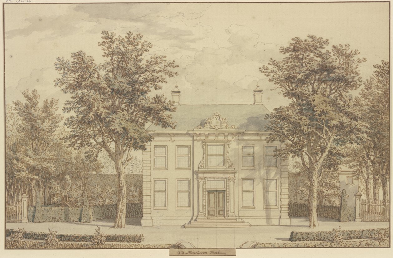 Hageanlegg med barlindhekk og et hus mellom to trær av Isaac de Moucheron