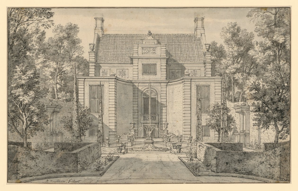Hageutsikt over et fornemt nederlandsk hus av Isaac de Moucheron