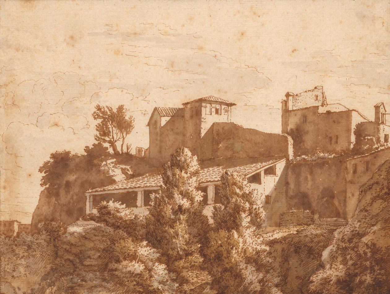 Utsikt over noen hus (Tivoli?) av Isaac de Moucheron