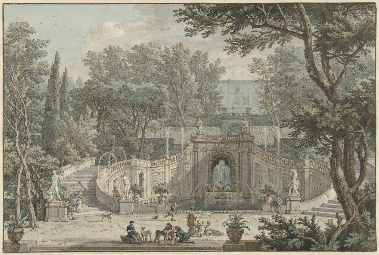 Utsikt over hagen til Villa d’Este i Tivoli, ca. 1725 av Isaac de Moucheron