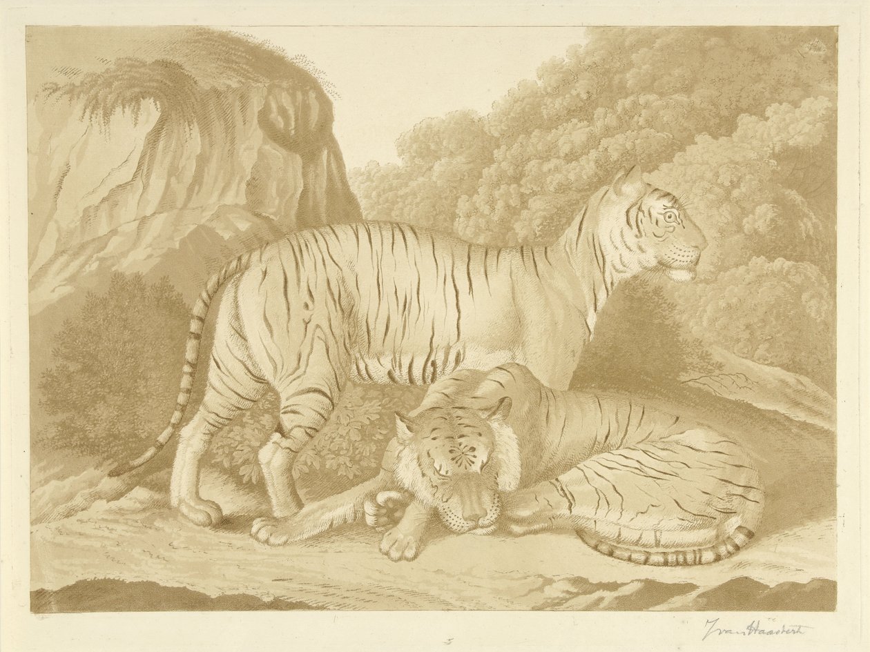 To tigre i et landskap av Isaac van Haastert (signed by artist)