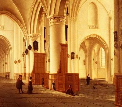 Utsikt over nord- og sørgangene til kirken St.Bavo, Haarlem av Isaac van Nickele
