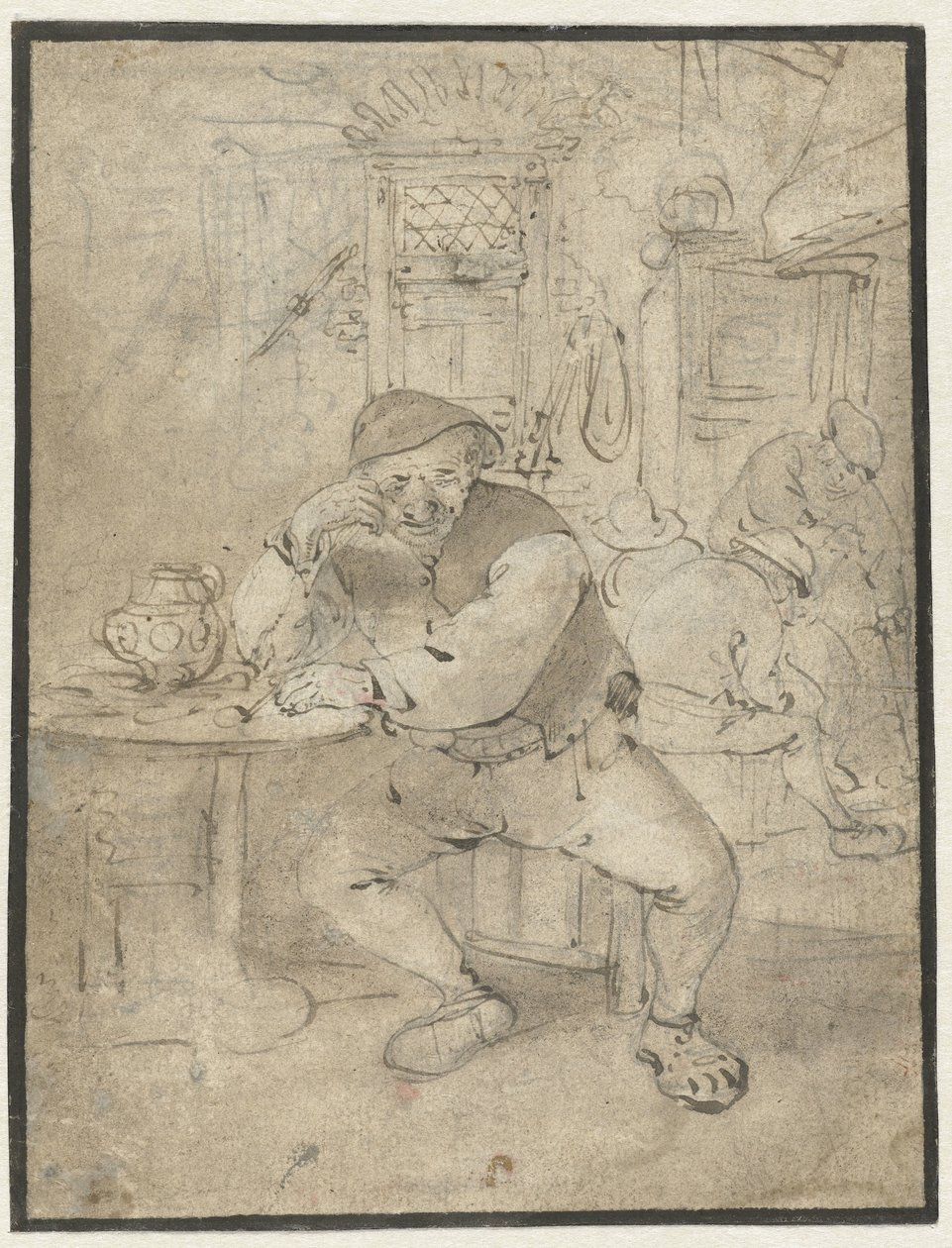 Sittende bonde, lent på et bord av Isaac van Ostade