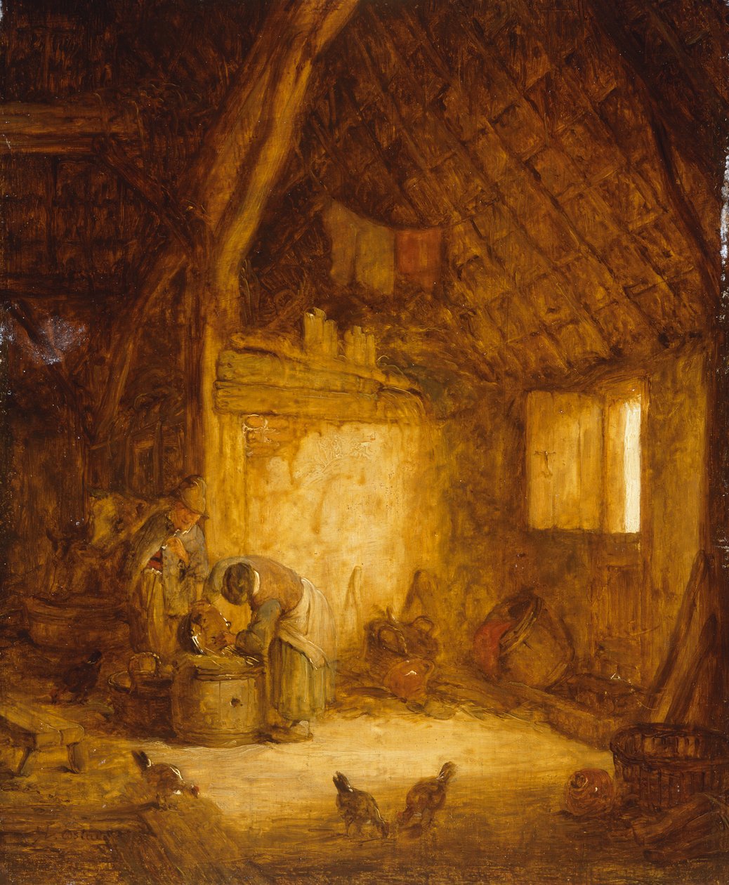 Bønder i en låve (olje på tre) av Isaack Jansz van (attr. to) Ostade