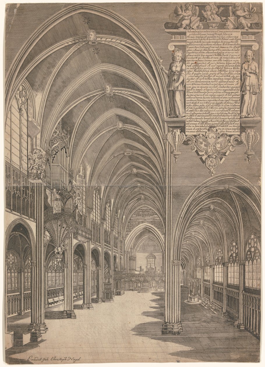Gravering som viser innsiden av Strasbourg -katedralen i 1617. av Isaak Brun