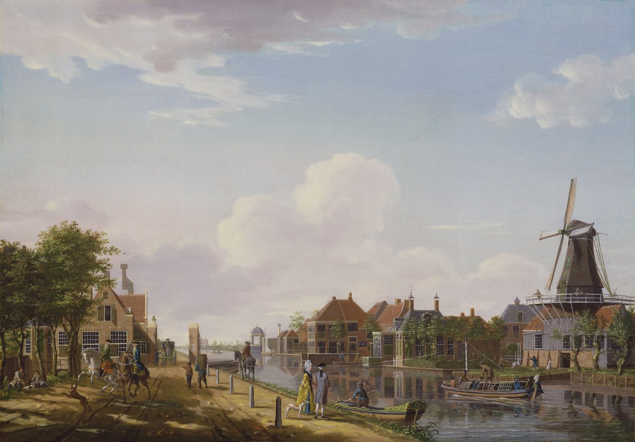 Nederlandsk kanalscene med elegante figurer og en mølle, 1777 av Isaac Ouwater