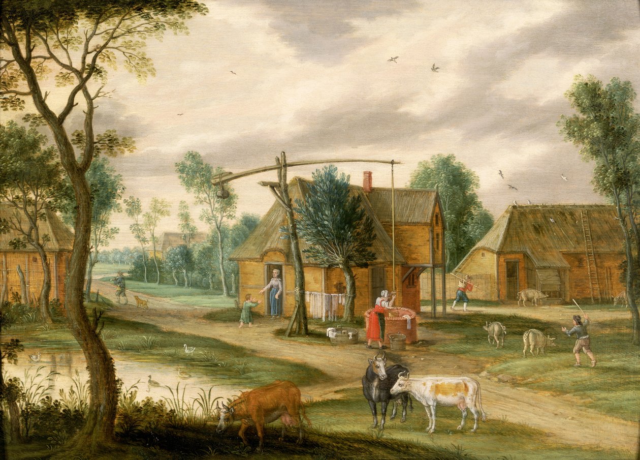 Et landsbylandskap med en kvinne som trekker vann fra en brønn (panel) av Isaak van Oosten
