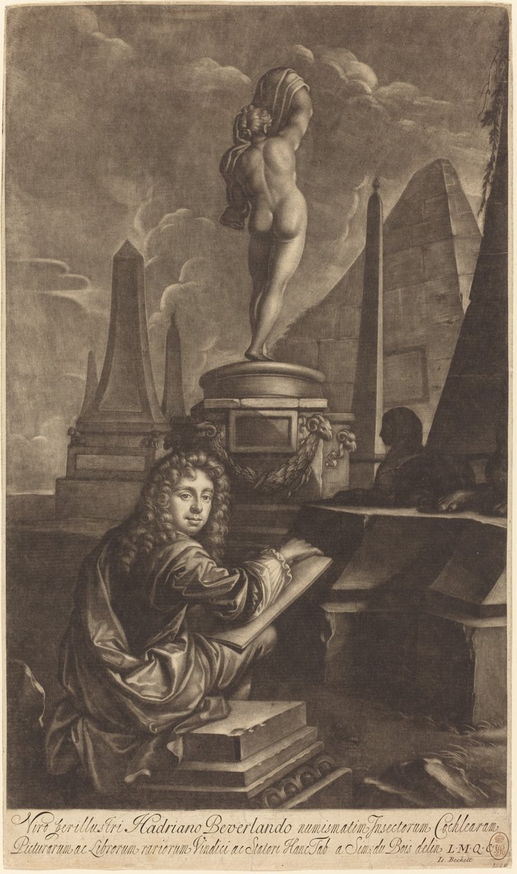 Adrian Beverland tegner fra en statue av Isaak Beckett after Simon du Bois