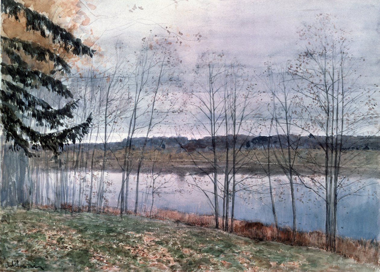 Høst (høst). Beskrivelse av bredden av et vassdrag, med nakne trær. Verk av Isaak (Isaac) Ilyich Levitan (1860-1900), akvarell på papir av Isaak Ilyich Levitan