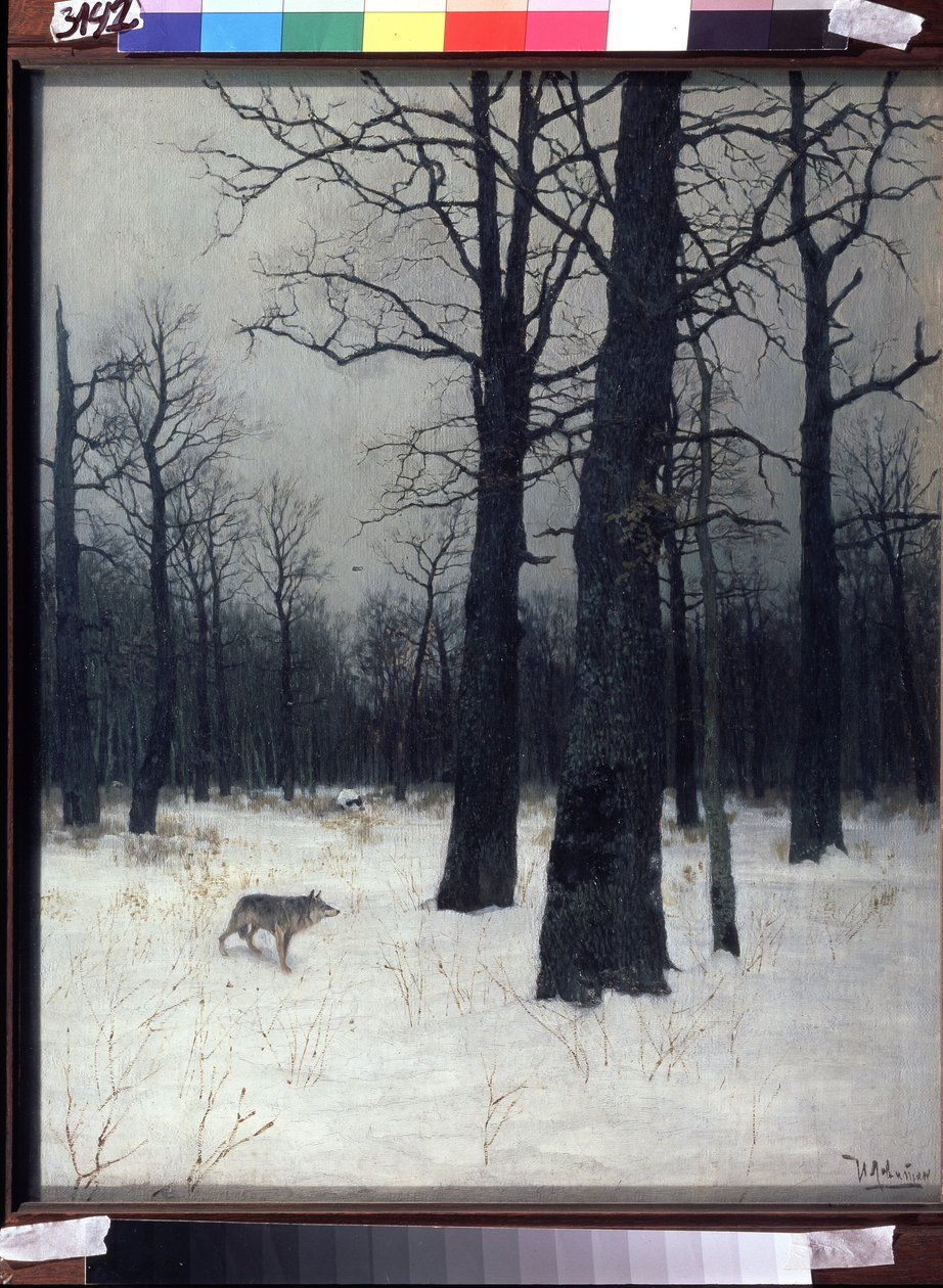 Skog om vinteren. Svarte, nakne trær i snøen, med en ulv. Maleri av Isaak Ilyich Levitan (1860-1900), olje på lerret av Isaak Ilyich Levitan