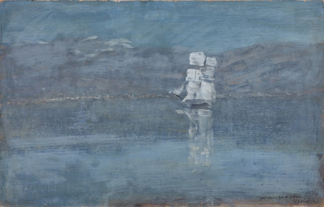 Landskap med seilbåt, slutten av 1890-tallet av Isaak Ilyich Levitan