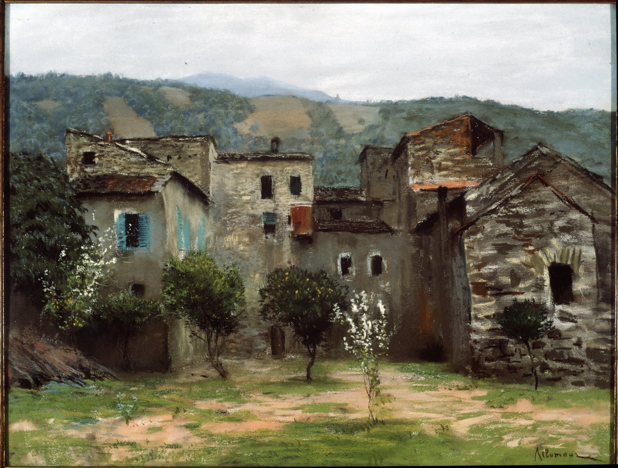 Nær Bordighera, i Nord-Italia. (Nær Bordighera. I Nord-Italia). Beskrivelse av en gruppe bygninger i Liguria. Verk av Isaak (Isaac) Ilyich Levitan (1860-1900), pastell på papir av Isaak Ilyich Levitan