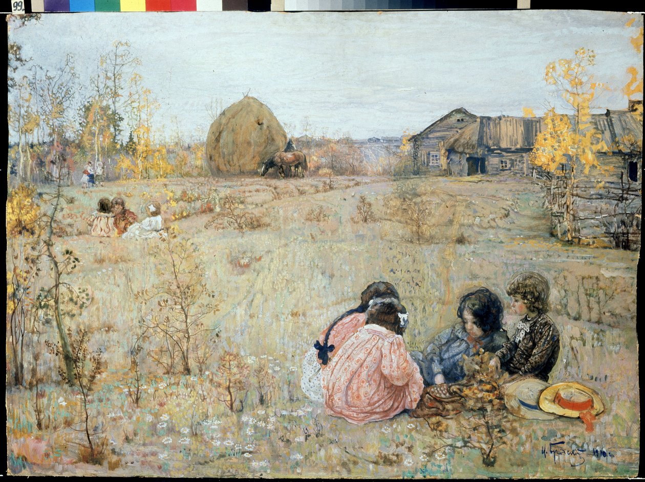 Late Dashniks (Late Dashniks). (Dashniken er en russisk gartner som regjeringen har tildelt en dacha og noen få hektar å dyrke for personlig produksjon). Maleri av Izaak Izrailevich (1884-1939). Olje på lerret av Isaak Israilevich Brodsky