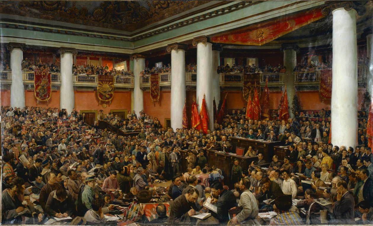 Deuxieme congres du Komintern (Internationale communiste) - Den festlige åpningen av den andre kongressen til den kommunistiske internasjonale (Comintern) - Isaak Izrailevich Brodsky (1884-1939). Olje på lerret av Isaak Israilevich Brodsky