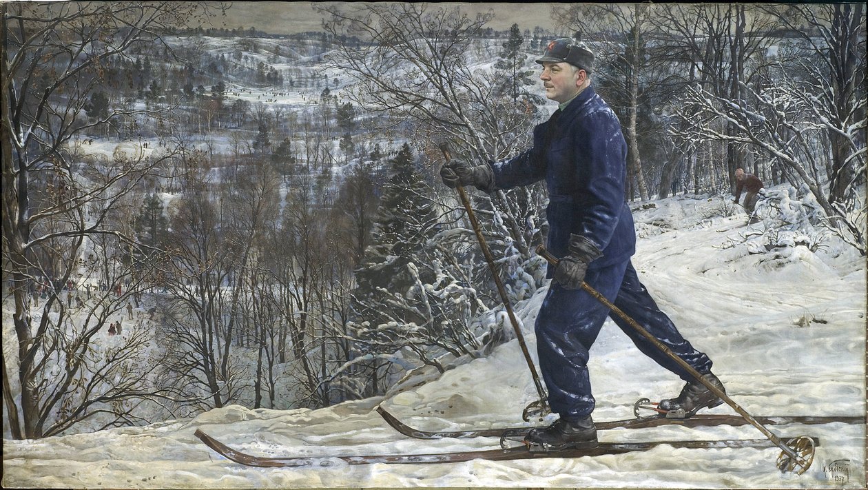 Kliment Voroshilov (1881-1969) skiant - Kliment Voroshilov på skitur - Isaak Izrailevich Brodsky (1884-1939). Olje på lerret av Isaak Israilevich Brodsky