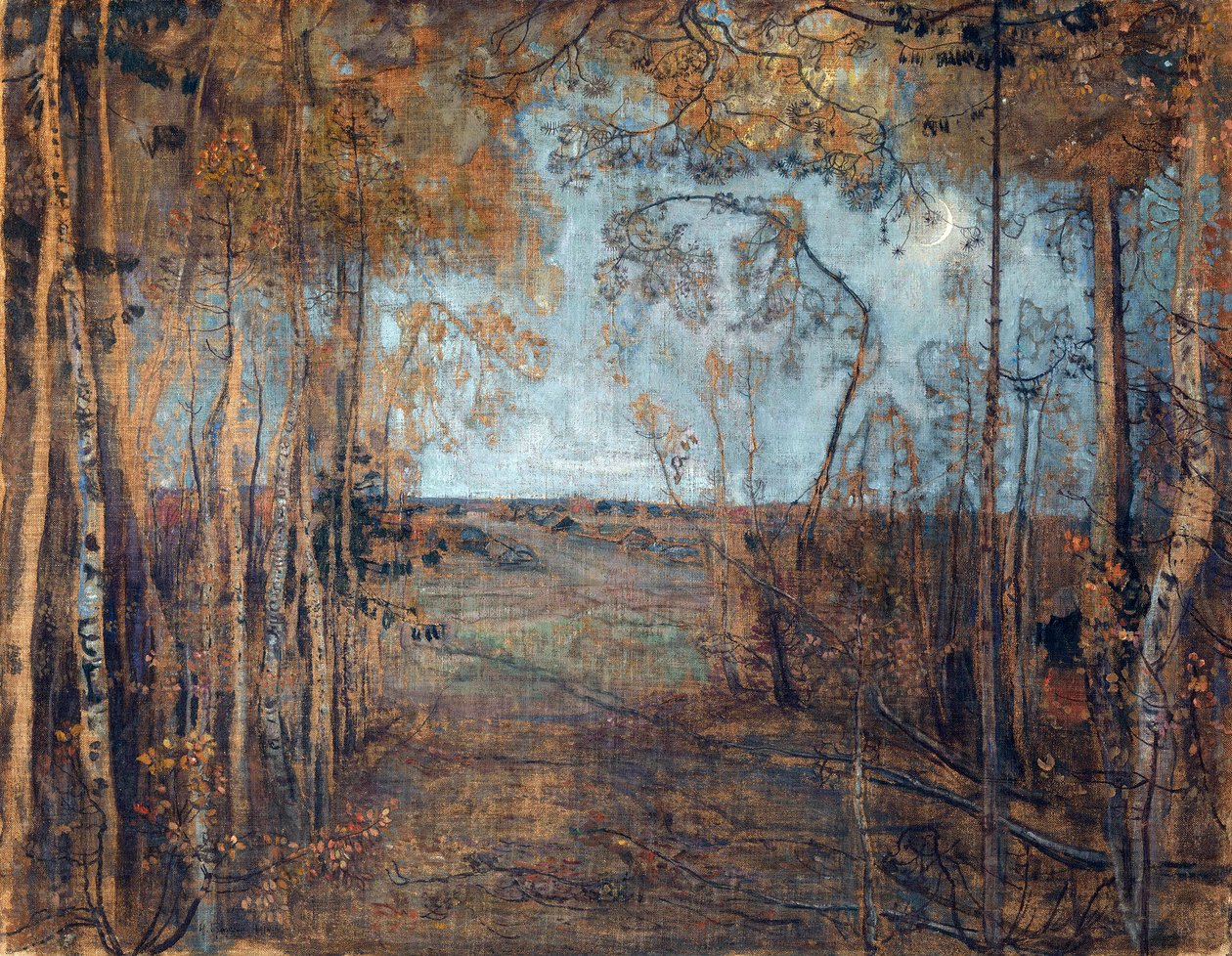 ""The new moon" (The new moon) Nattlig trelandskap Maleri av Isaak Brodsky (1884-1939) Olje på lerret 1912 Dim 62x80 cm Privat samling av Isaak Israilevich Brodsky
