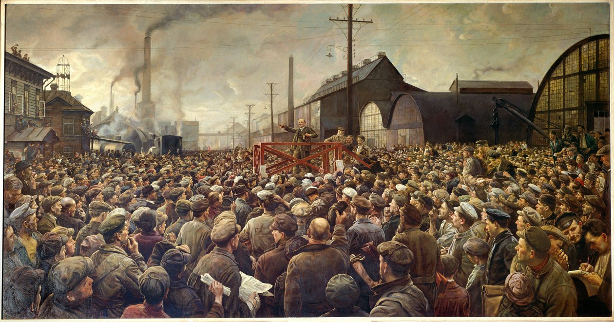 Den russiske revolusjonen i 1917: «Lenin snakker til arbeiderne ved Putilov-fabrikken i Petrograd av Isaak Israilevich Brodsky