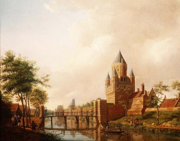 En utsikt over Kleine Houtpoort (Small Gateway) i Haarlem med Grote Houtpoort (Great Gateway) i bakgrunnen av Isaac Ouwater