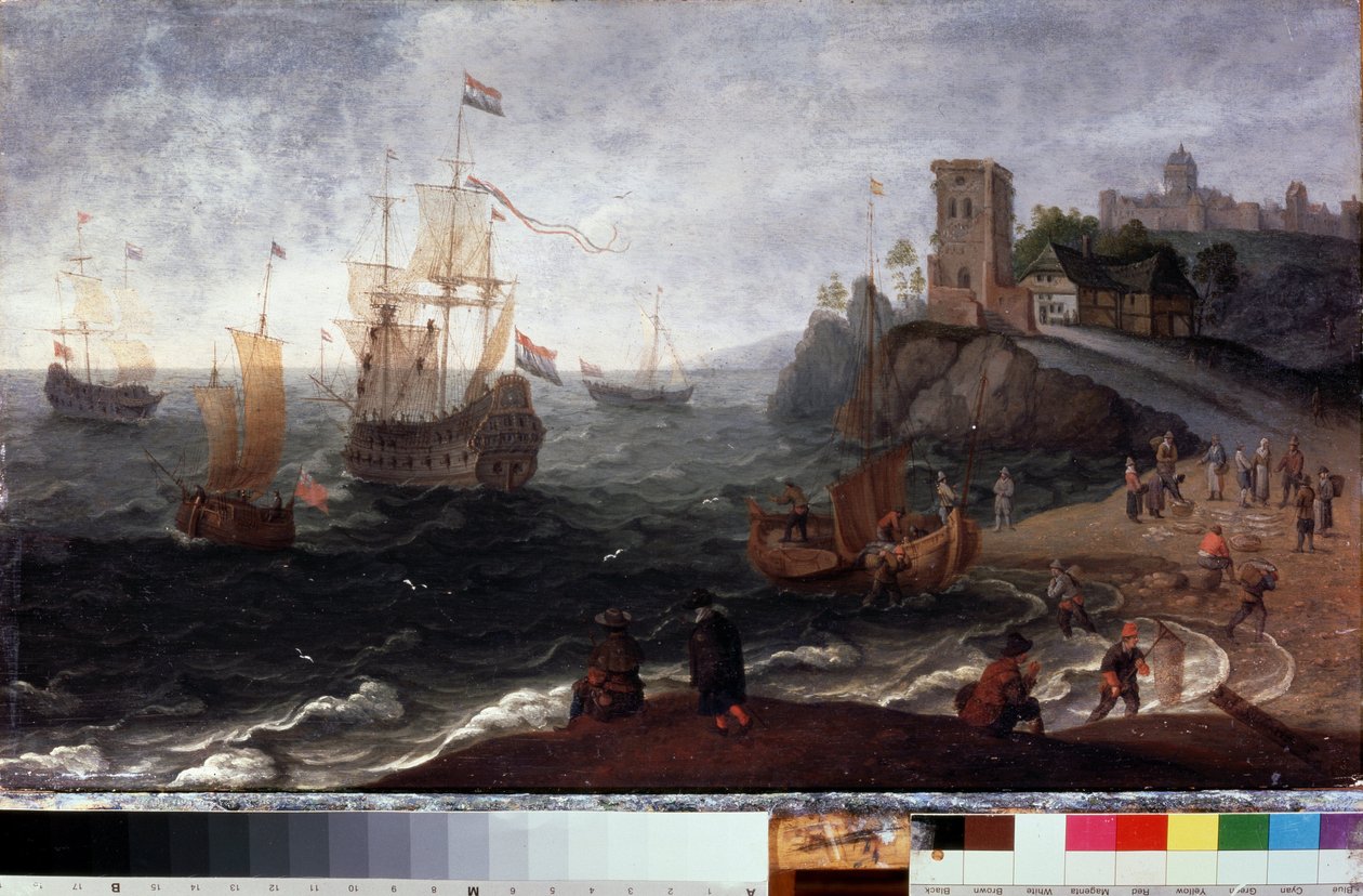 Fiskemarked på stranden (fiskemarked ved kysten). Maleri av Isaac Willaerts (1620-1693). Olje på tre, 35,5 x 67 cm, rundt 1640. 1600-tallets nederlandsk kunst. Statens museum for historie og kunst, Serpukhov (Russland). av Isaak Willaerts