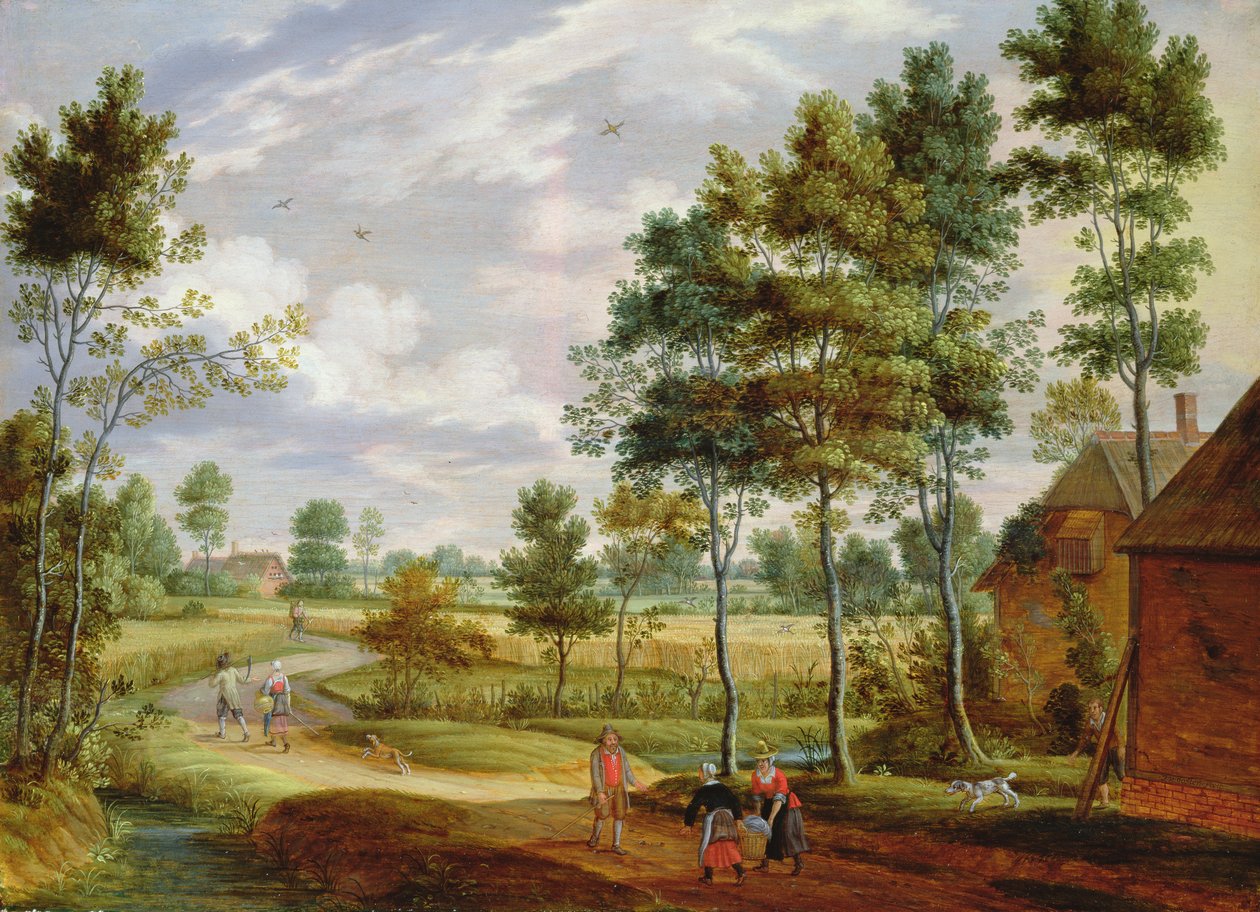 Figurer utenfor en hytte i et landlig landskap av Isaak van Oosten