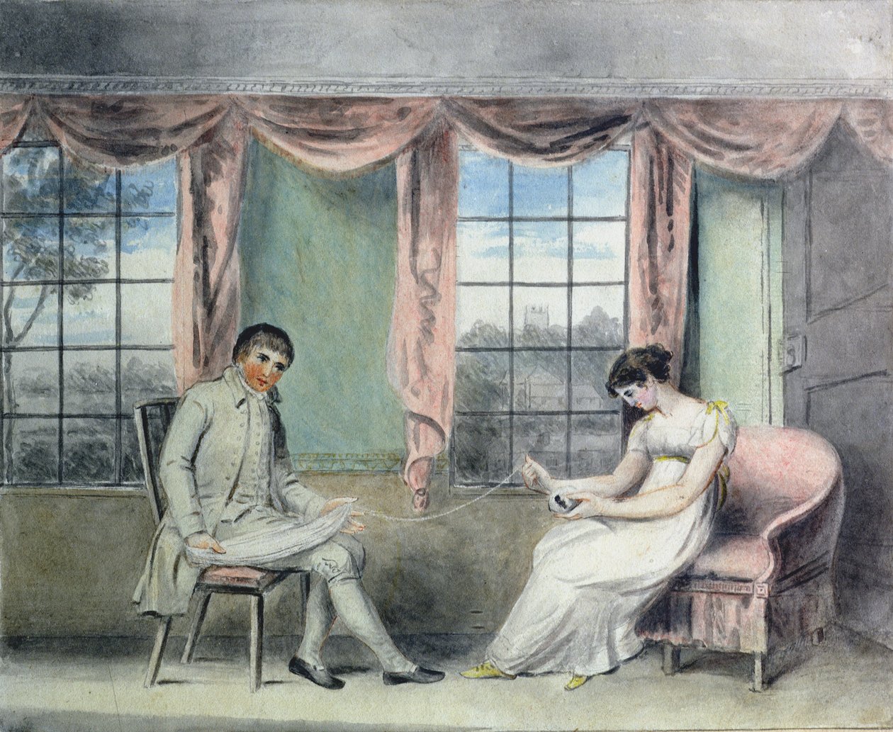 A Woman and her Beau Spinning Thread (wc på papir) av Isabella Downman