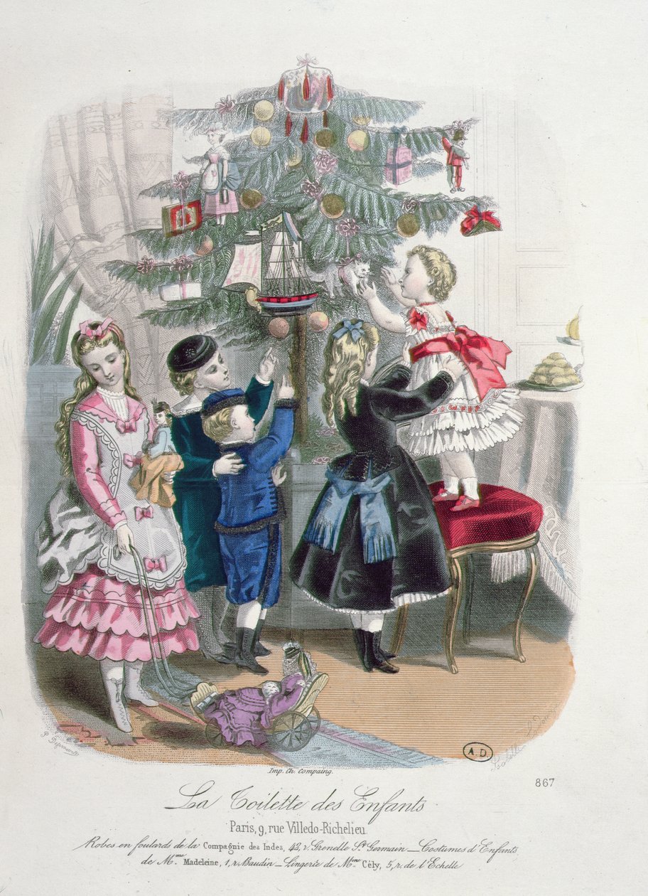 Decorating the Christmas Tree, reklame for La Toilette des Enfants, gravert av P. Derfermeville, 1872 av Isabelle Codouze