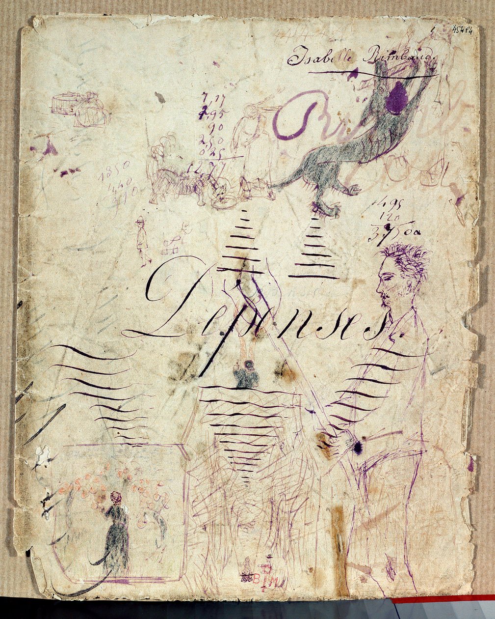 Arthur Rimbaud hjelper innhøstingen. Tegning av Isabelle Rimbaud i lilla blekk på arket med utkast til en utgiftsbok av Isabelle Rimbaud