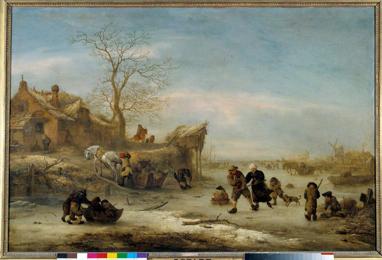 Canal gele med par skøyter Maleri av Isaak Van Ostade (1621-1649). 1600-tallets søn. 1x1,49 m av Isack van Ostade