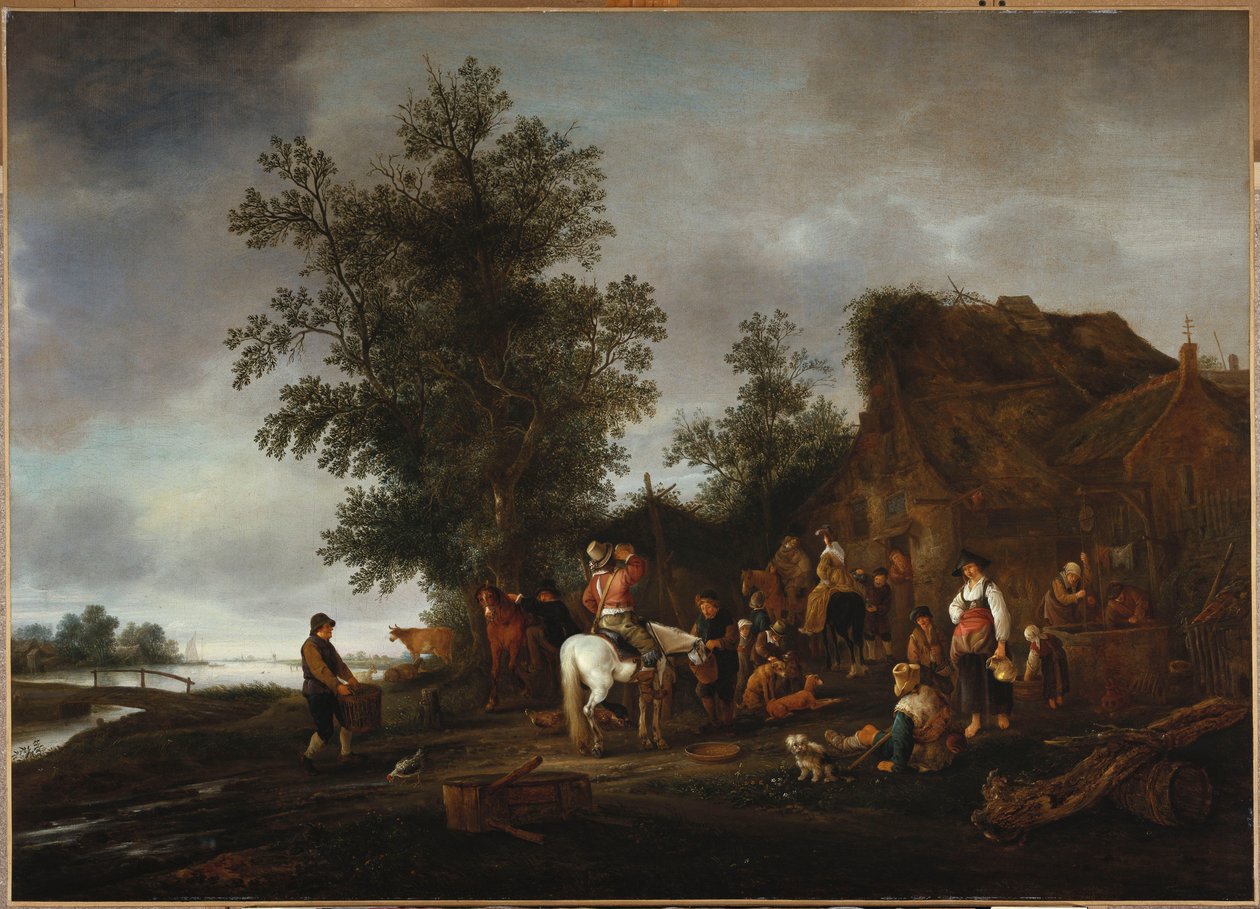 Reisende som forfrisker seg på en taverna ved elven, 1664 av Isack van Ostade