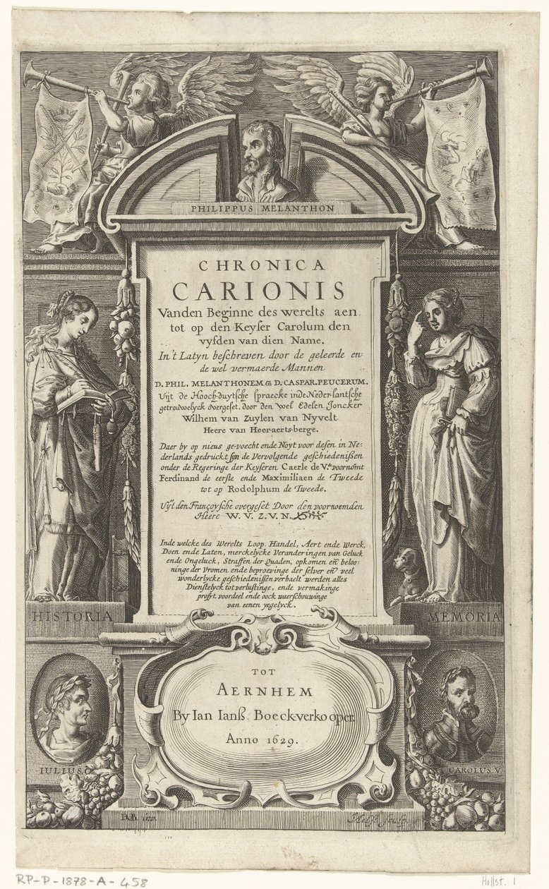 Tittelside for Chronica Carionis av P. Melanchthon Chronica Carionis fra begynnelsen av verden aen tot den Keyser Carolum (tittel på objekt) av Isaeck van Aelst