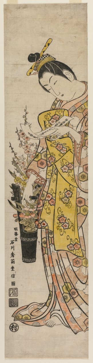 Courtesane som leser et diktslipp bundet til blomster i en vase, midten av 1740-tallet. av Ishikawa Toyonobu
