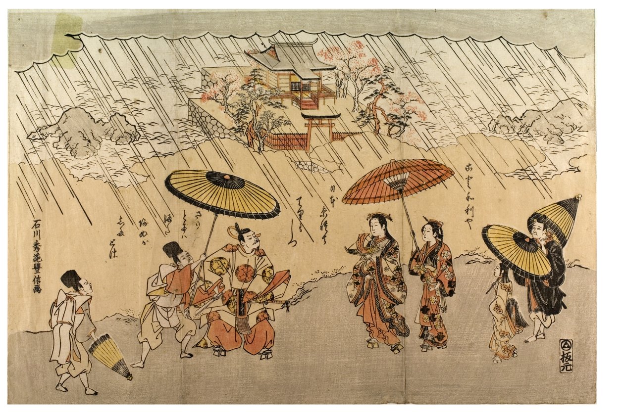 Strandscene i regn av Ishikawa Toyonobu