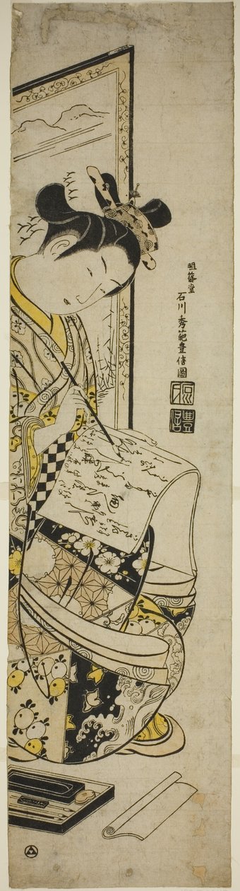 Kvinne som skriver et brev foran en skjerm av Ishikawa Toyonobu