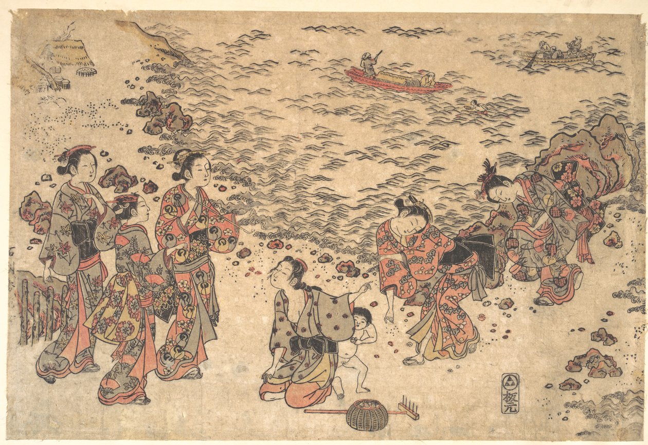 Kvinner og en liten gutt som samler skjell på en strand ved havet av Ishikawa Toyonobu