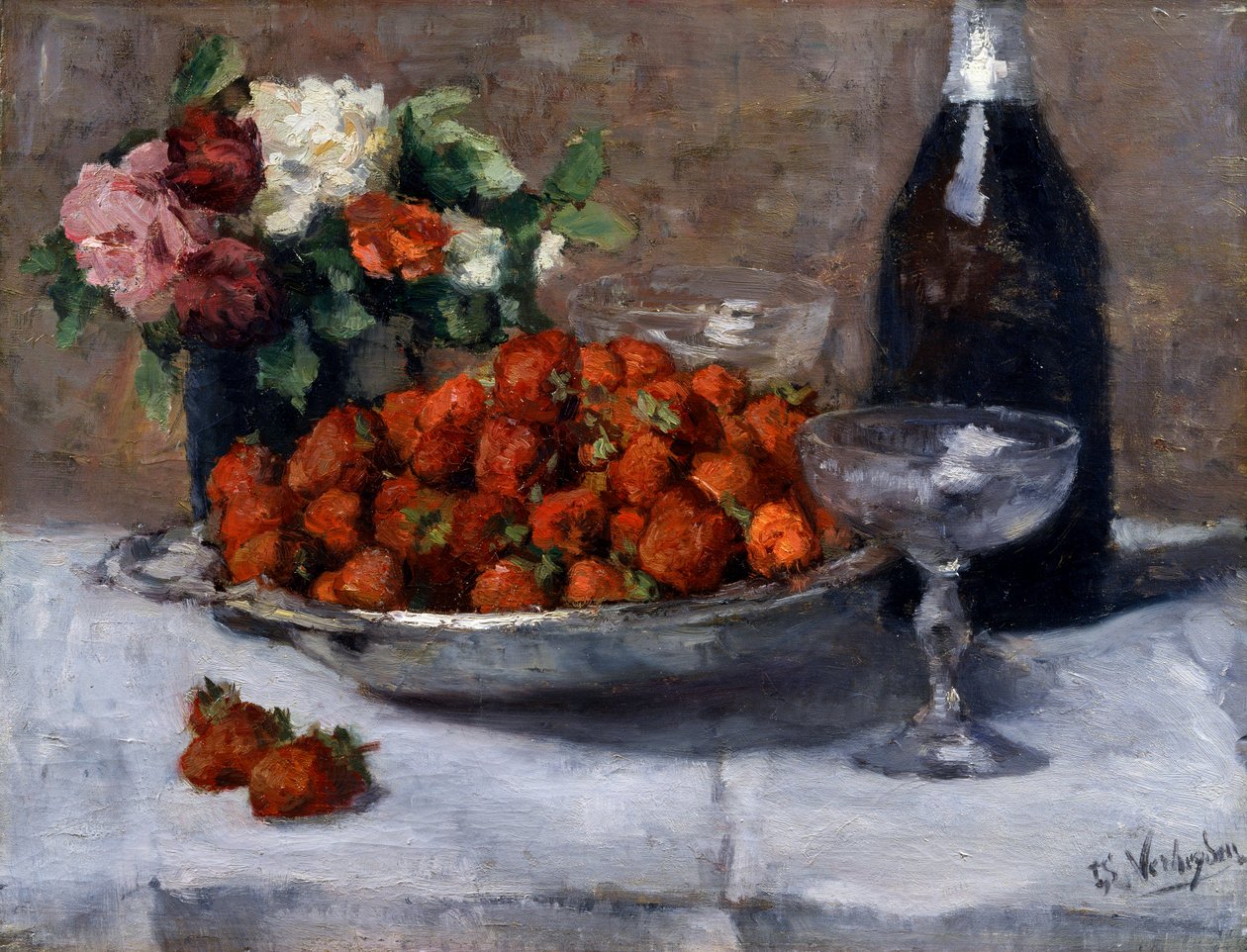 «Stilleben med champagne og jordbær»-maleri av Isidore Verheyden (1846–1905) av Isidor Verheyden