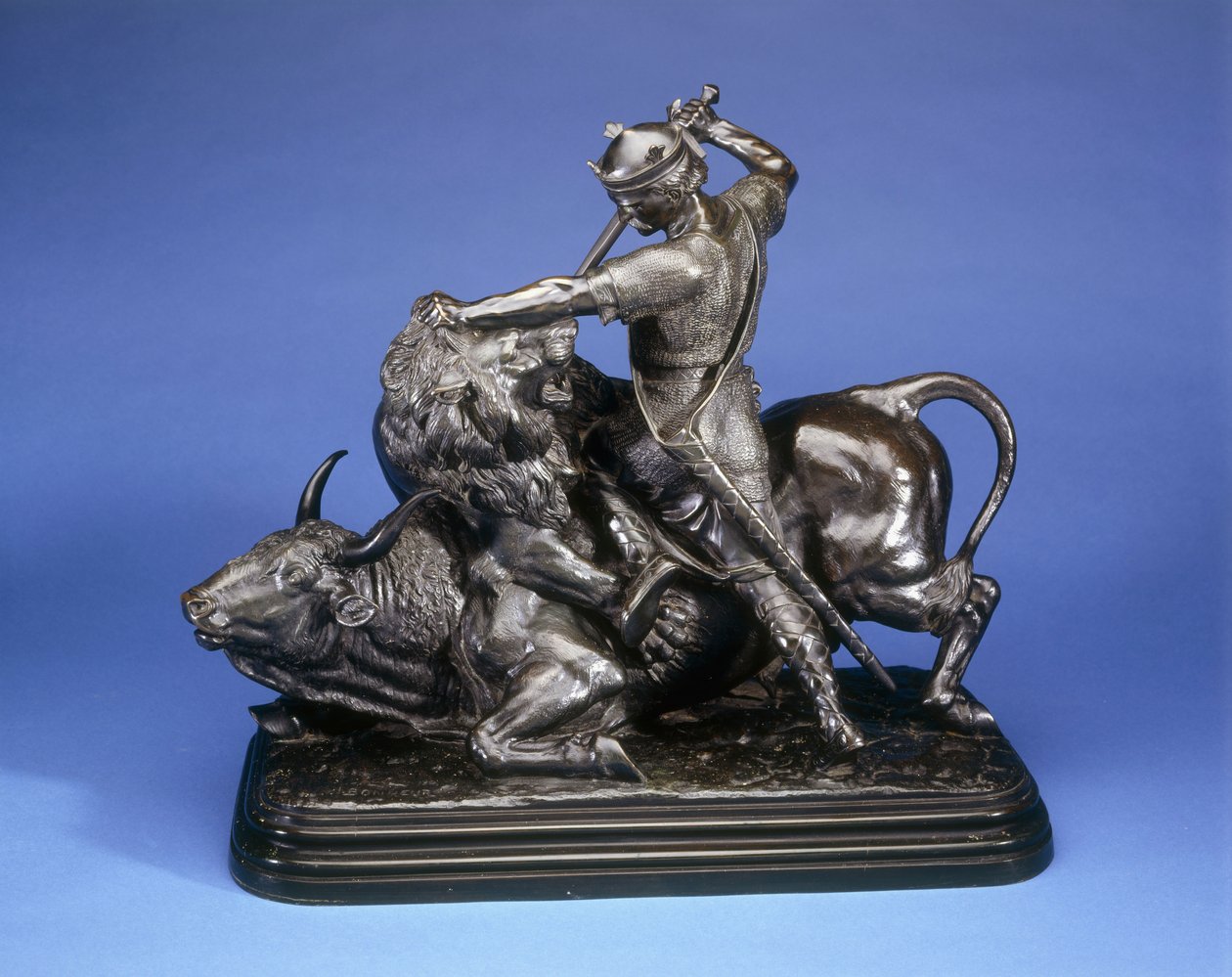 En konge som dreper en løve og angriper en okse, ca. 1874 (svart patina-bronse) av Isidore Jules Bonheur