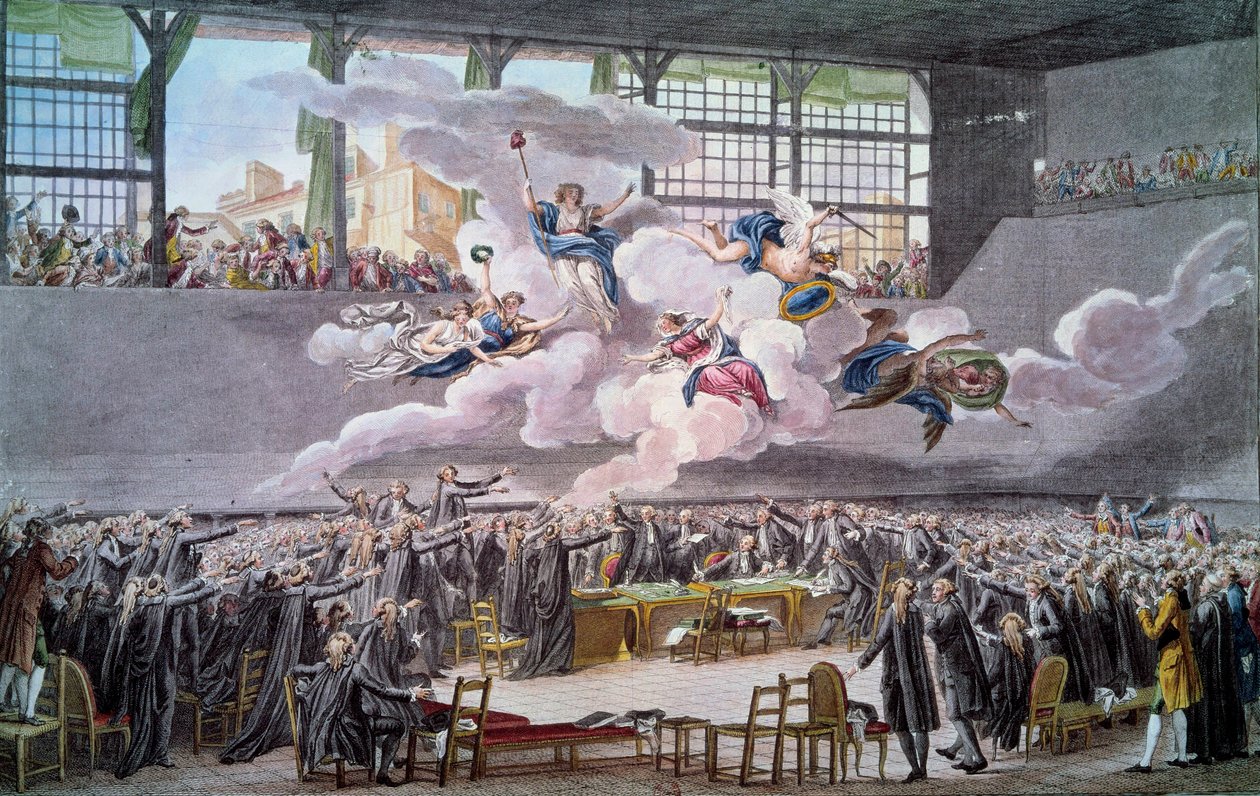 Fransk revolusjon: "" Le oath du jeu de Paume le 20 juin 1789"" Deputatene sverger å ikke skille seg ut før en grunnlov er korrigert. Gravering av Isidore Helman (1743-1809) 1789 Paris, B.N. av Isidore Stanislas Helman