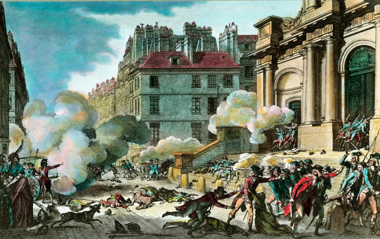 Fransk revolusjon: Den 13. i år IV; General Bonaparte (Napoleon I Bonaparte) fikk med seg våpnene, opprørene var skuddveksling på trappene til Saint Roch-kirken i Paris 4. oktober av Isidore Stanislas Helman