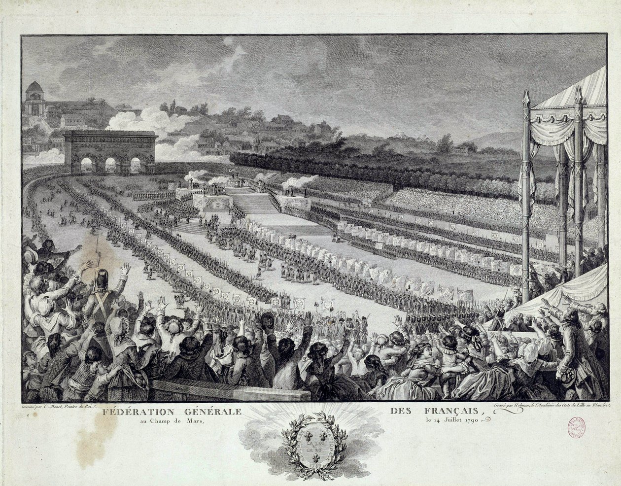 Den franske revolusjonen: syn på festen til General Federation of French Departments på Champs de Mars i Paris 14.07.1791. Illustrasjon av Isidore Helman (1743-1809) Paris fra 1700-tallet, Musee Carnavalet av Isidore Stanislas Helman