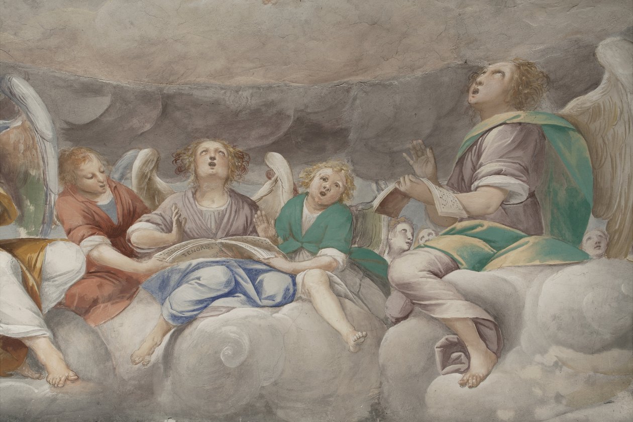 Engler, musikerengler og puttos, detalj av paradis med evig far, ca. 1623-34 (detalj av 3496185) av Isidoro Bianchi