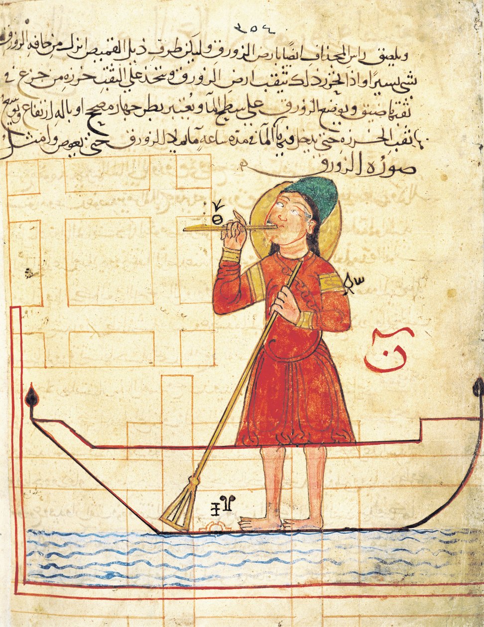 Design for en automat, fra "Book of Knowledge of Genious Mechanical Devices" av Al-Djazari, 1206 av Islamic School