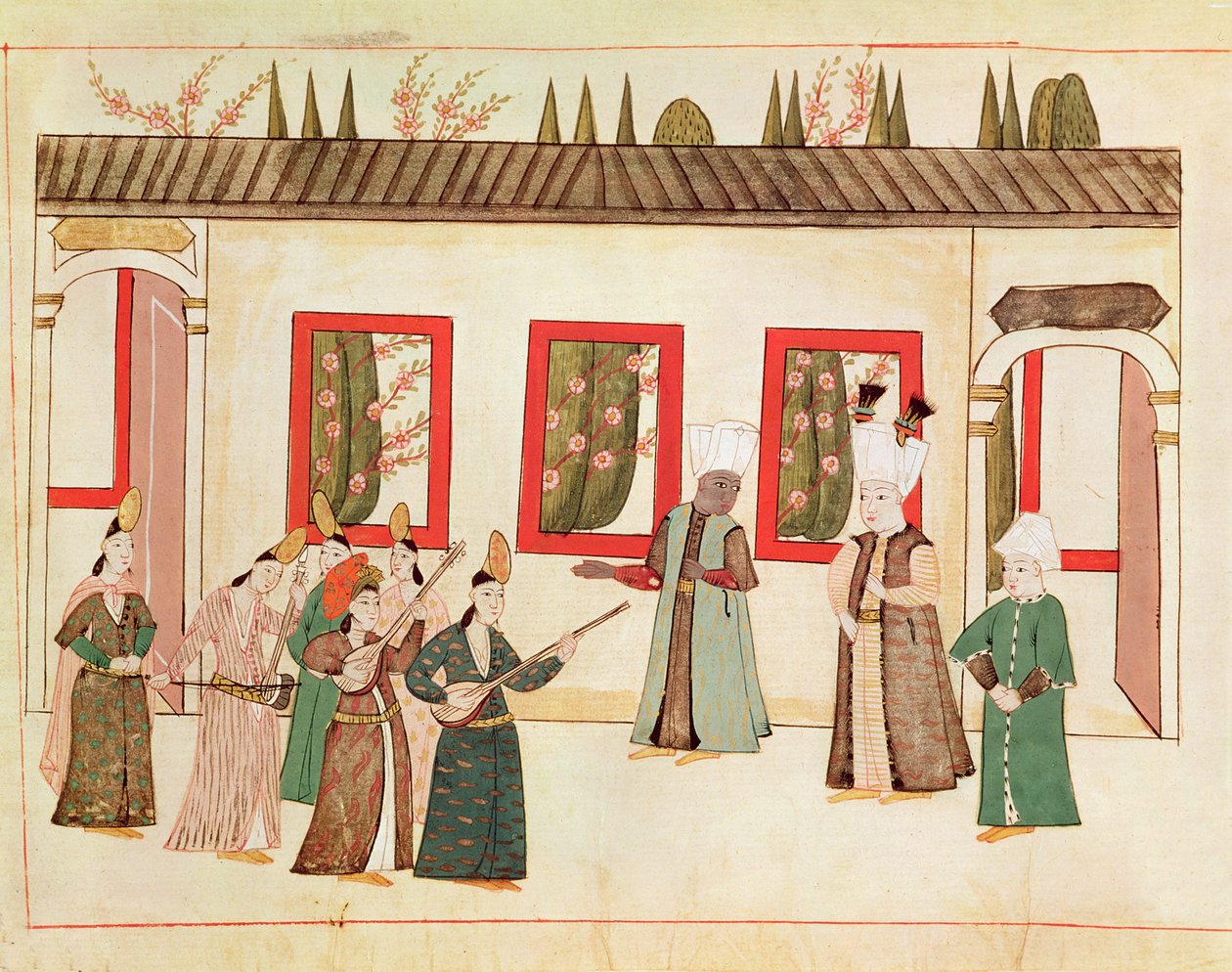 Ms 1671 The Sultan med sin favoritt akkompagnert av musikere og sangere, ca. 1580 av Islamic School